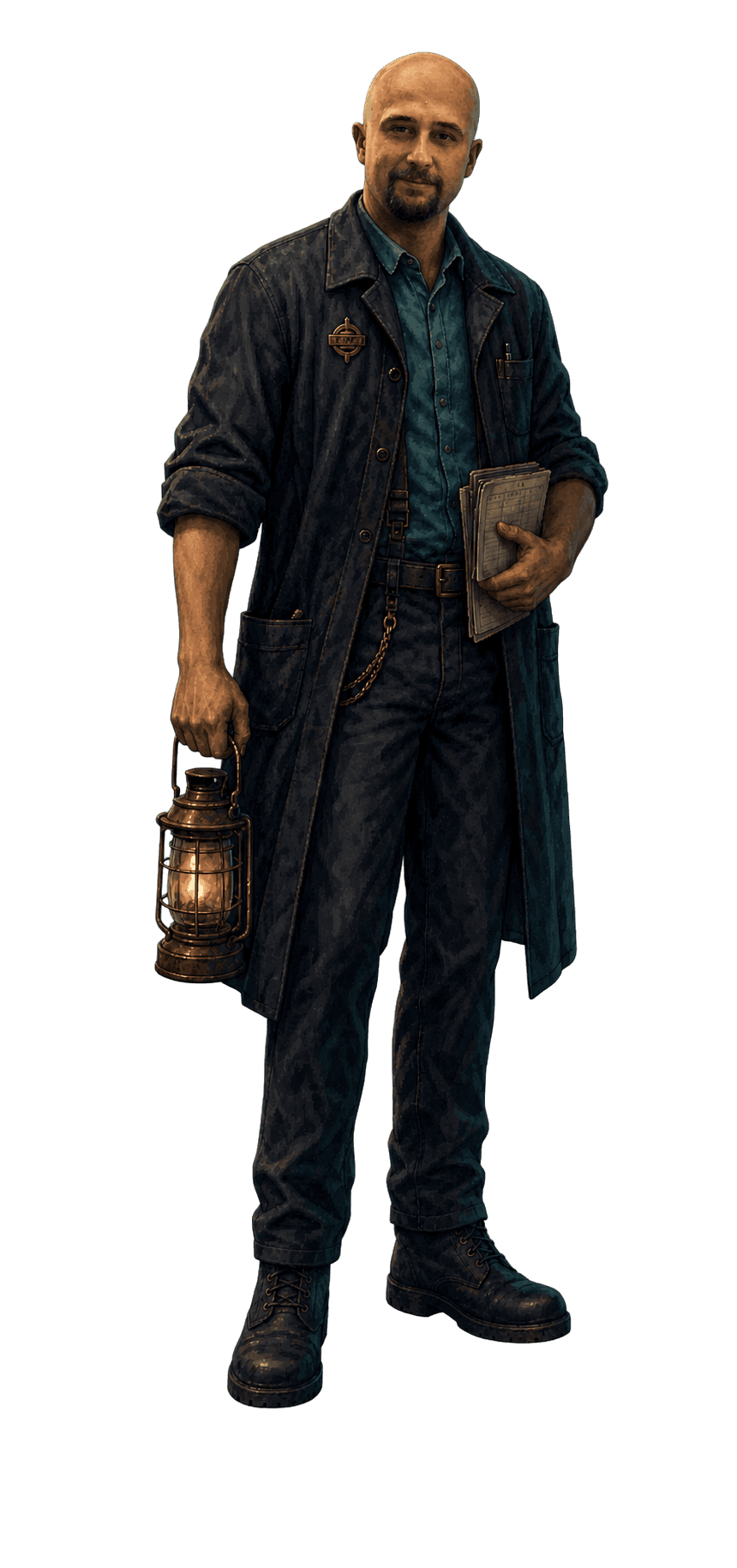 Illustrated full-length portrait of Gregory Kolens as a night steward